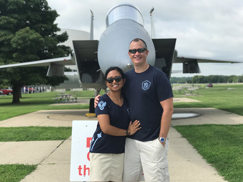 In front of the F-15 static display at the USAF Museum in Dayton, OH. Both my husband and I worked with this actual aircraft when we met and were stationed together at the 1st Fighter Wing as aircraft